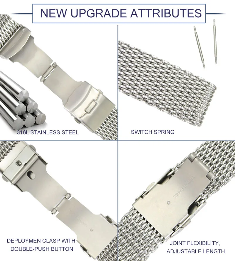 ZLIMSN Milanese Bracelets 22mm 24mm Silvery Black Mesh Watch Band Sport Watchbands Steel Replacement Men Watch Accessories