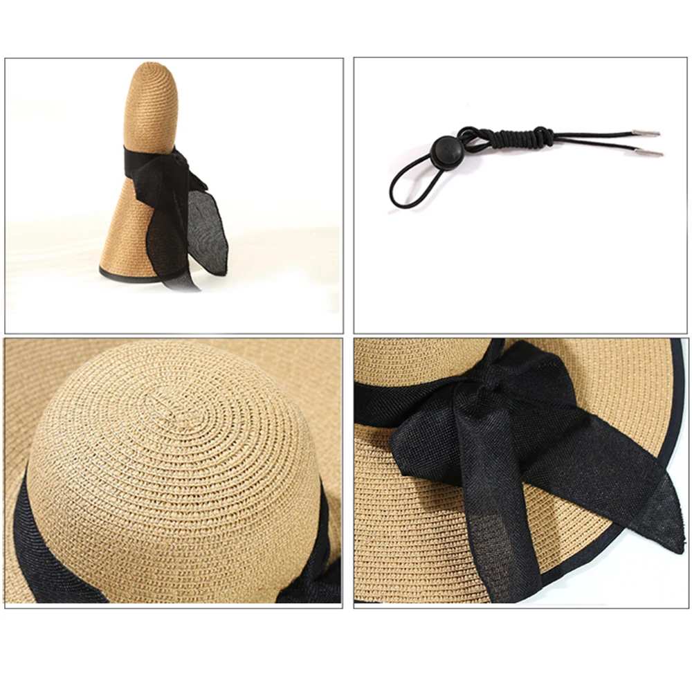 

Straw Weave Lace Up Sunhats Women Summer Dome Top Wide Brim Beach Travel UV Protection Sun CaPs Foldable Curling Summer Hats