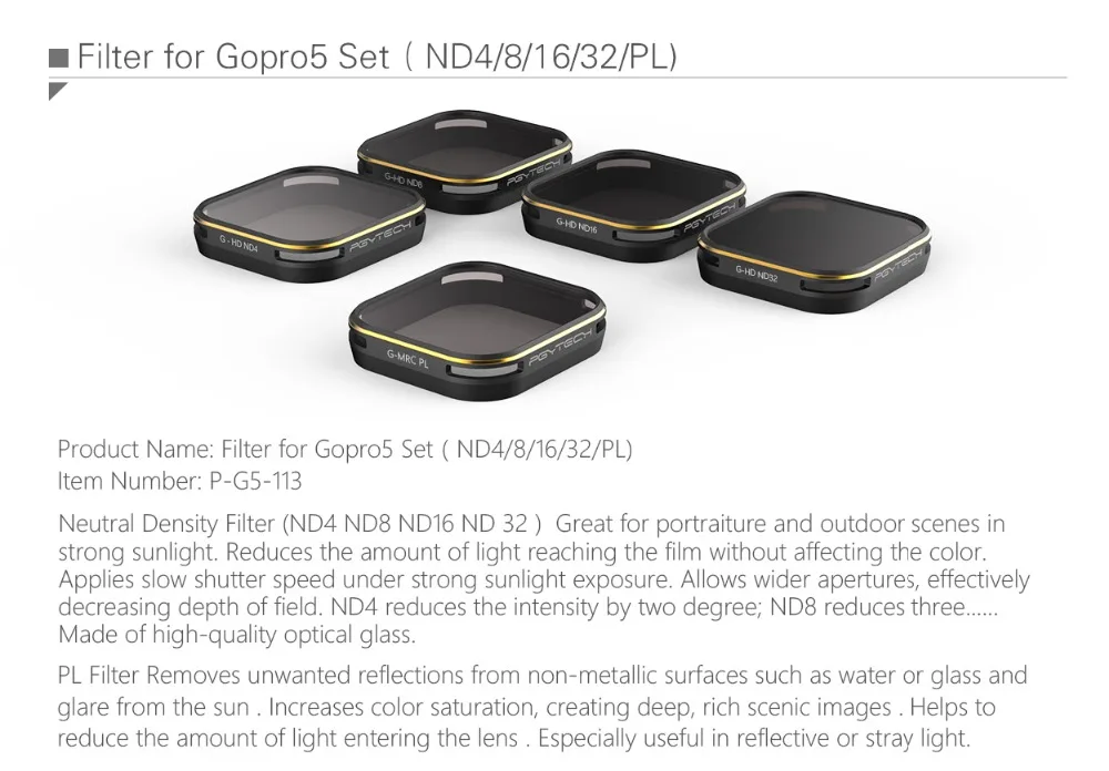 PGYTECH Gopro 5 6 Hero 7 фильтр для объектива серии Gold edge фильтры для камеры для gopro аксессуары go pro рукоятка Удлинительное крепление