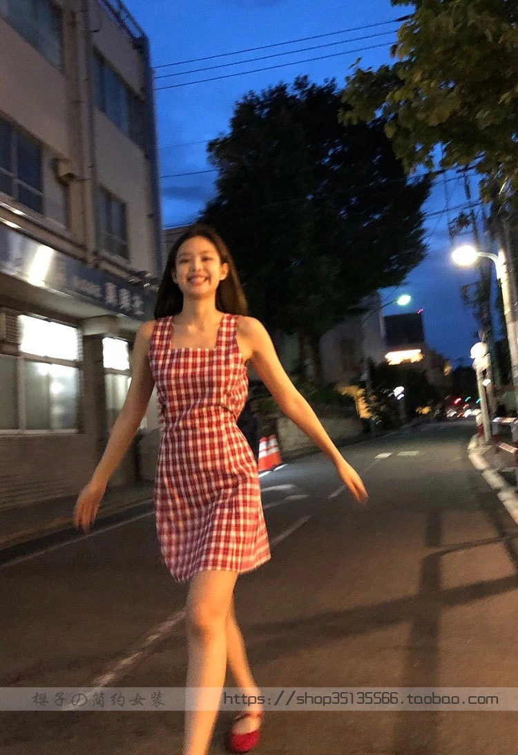 Kpop BLACKPINK JENNIE уличная мода красное клетчатое летнее платье женское корейское элегантное платье женские сексуальные платья kawaii одежда