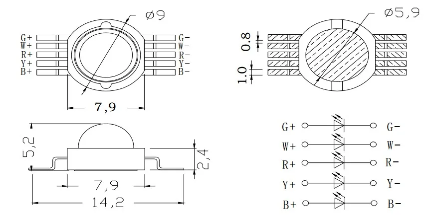 Красочные 5 в 1 с ваттами RGBWY светодиодные Диоды (30mil)|diode|diode led |