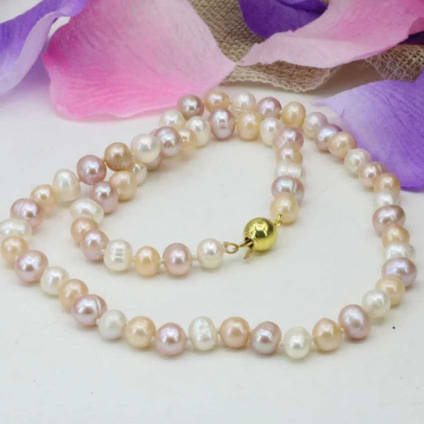 

Multicolor pearl necklace 7-8mm natural freshwater cultured nearround beads chain jewelry women statement choker 18inch B3227