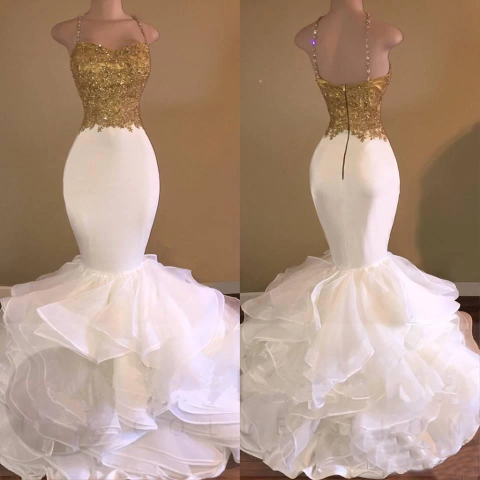 Elegant White Mermaid Evening Dress With Gold Lace 2018 Spaghetti Strap Backless Floor Length Long Gowns Prom Robe De Soir G0108