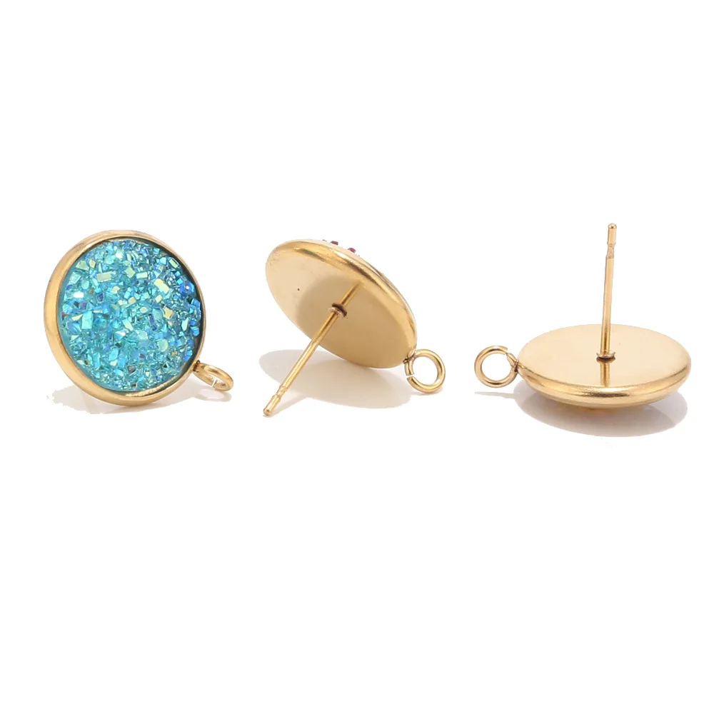 10pcs 12mm Round Resin Druzy Stainless Steel Stone Post Earring Findings with Loop Gold Stud Earrings Supplies | Украшения и