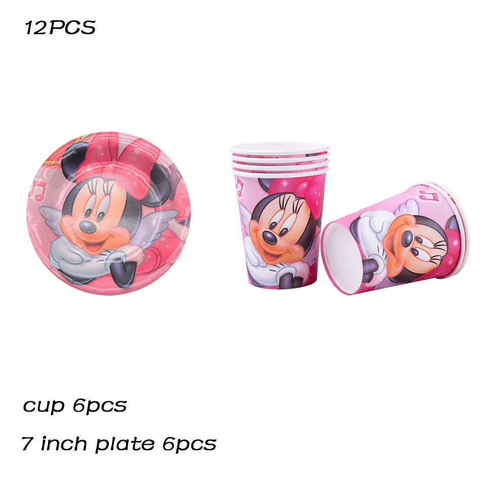 12pcs A Set Для девочек Минни Маус День рождения тема украшения Дети День Рождения Бумажный мультяшный стаканчик и тарелка салфетка баннер - Цвет: 12pcs A Set