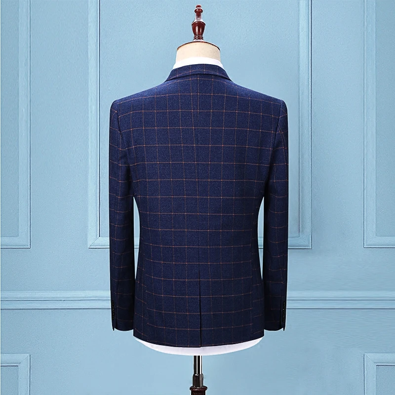 Men Dress Suit Blue Plaid Business Casual Slim Fit Homme Wedding Classic Vintage Check Formal Groomsmen Men's Clothing | Мужская