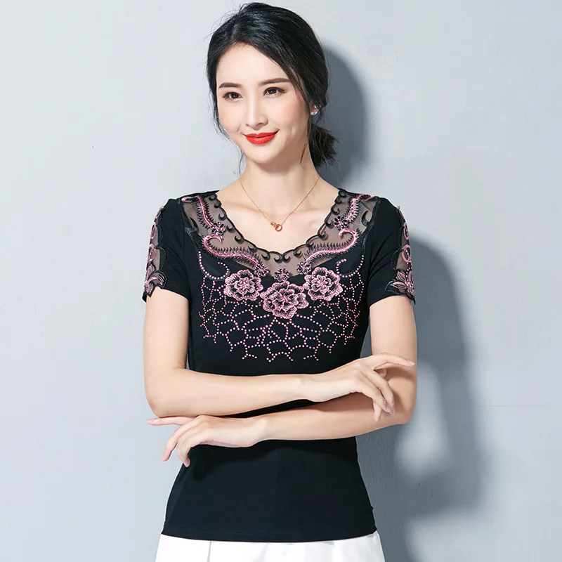 black-pink FGLAC женская рубашка модные летние топы с коротким рукавом элегантные тонкие вышитые сетчатые рубашки плюс размер 4XL Черная Женская блузка рубашка - Цвет: black-pink