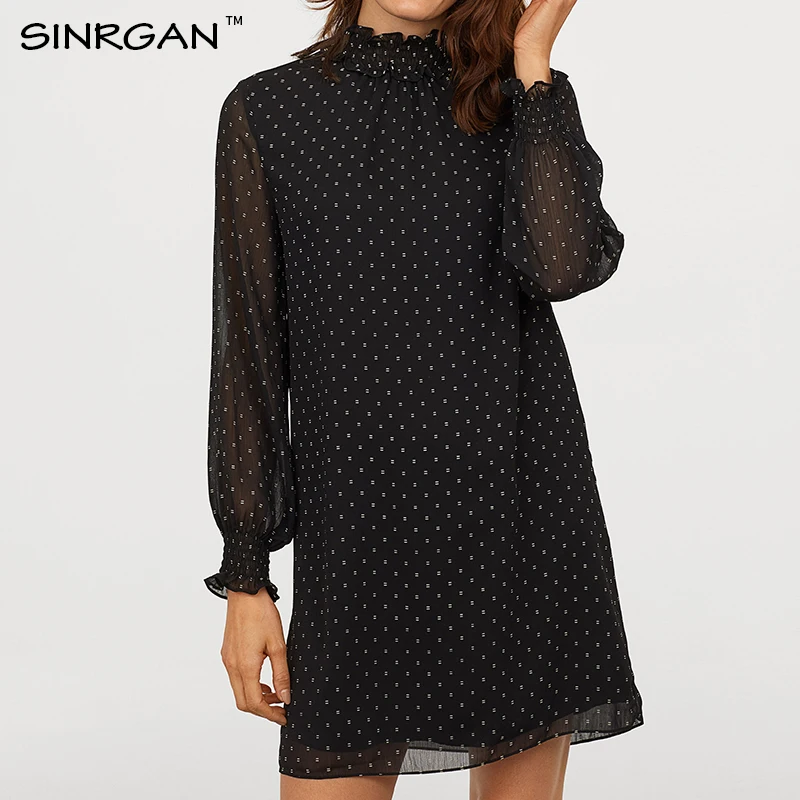 SINRGAN черный цветок печати свободно шифон водолазка Повседневные платья женские