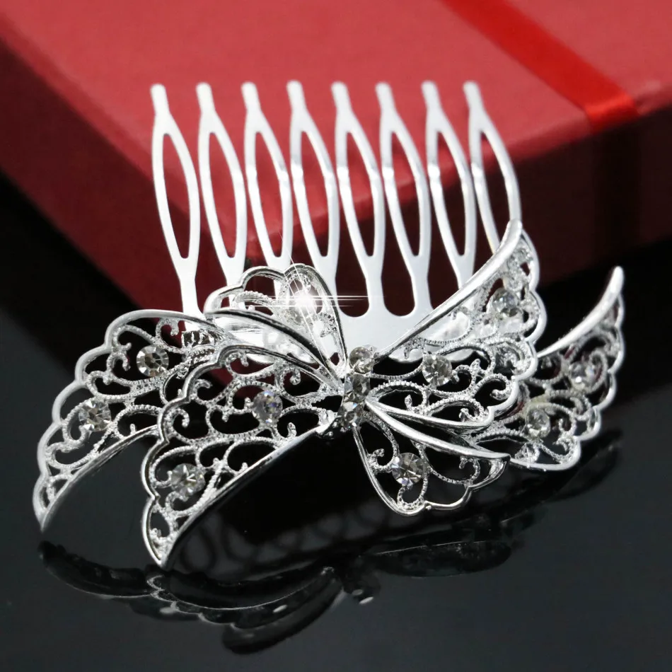 Trendy Hairwear Women Rhinestone Crystals Comb Flower Hair for Wedding Bowknot Jewelry Accessories Bridal | Украшения и