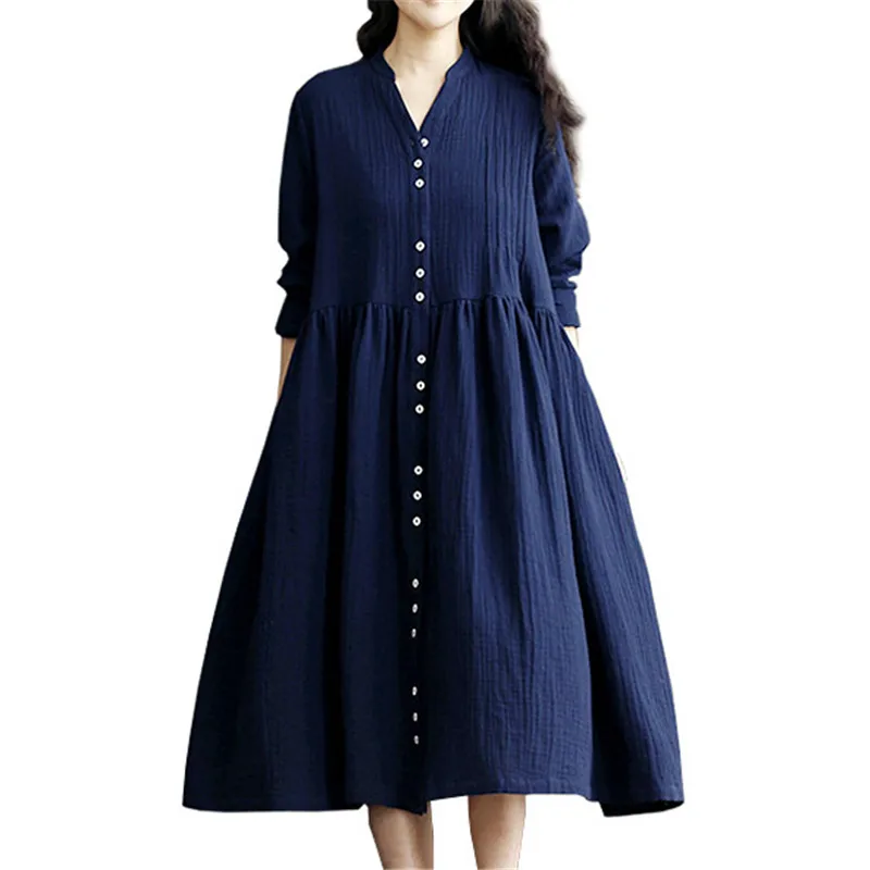 Платье женское с длинным рукавом в полоску большого размера из льна и хлопка|clothing