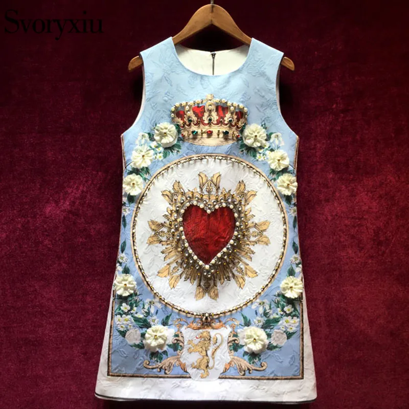 

Svoryxiu Runway Custom Summer Jacquard Dresses Women's Luxurious Beading Crystal Appliques Printed Party Sleeveless Short Dress