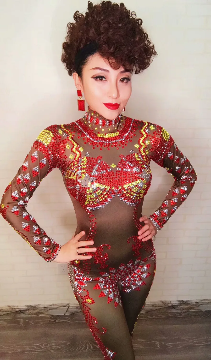 

Occident Style Sexy Leotard Stretch Jumpsuit Red Rhinestones Rompers Bar Nightclub DJ DS Costumes Pole dancing performance wears