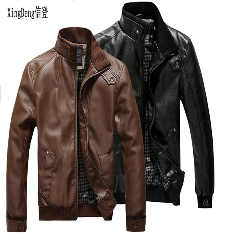 

XingDeng PU Leather stand neck zipper Jackets Men Winter Loose Casual overcoats Male fashion top clothes plus size 3XL