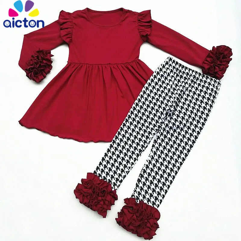 Осенне зимний наряд для девочек из 2 предметов однотонный винно красный топ с