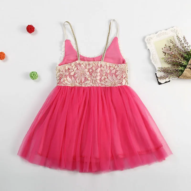Hot Pink Girls V-Neck Sling Tutu Dress Kids Lace Sequin Gauze Party Baby Satin Bling Top with Glitter Tulle Stitching | Детская одежда