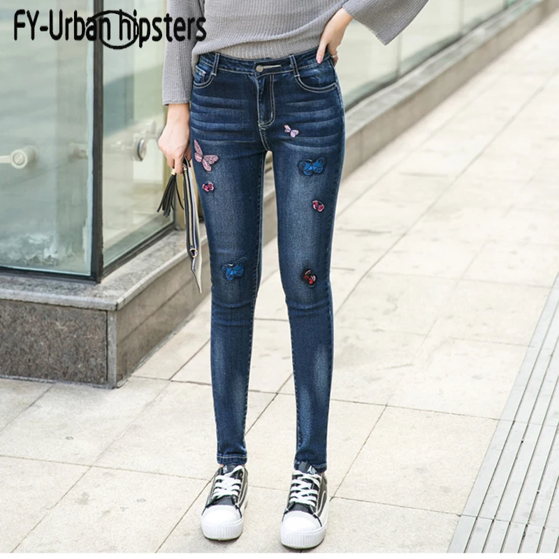 slim jeans for women skinny high waist woman stretch elastic denim cotton pencil pantsbutterfly Embroidered big size |