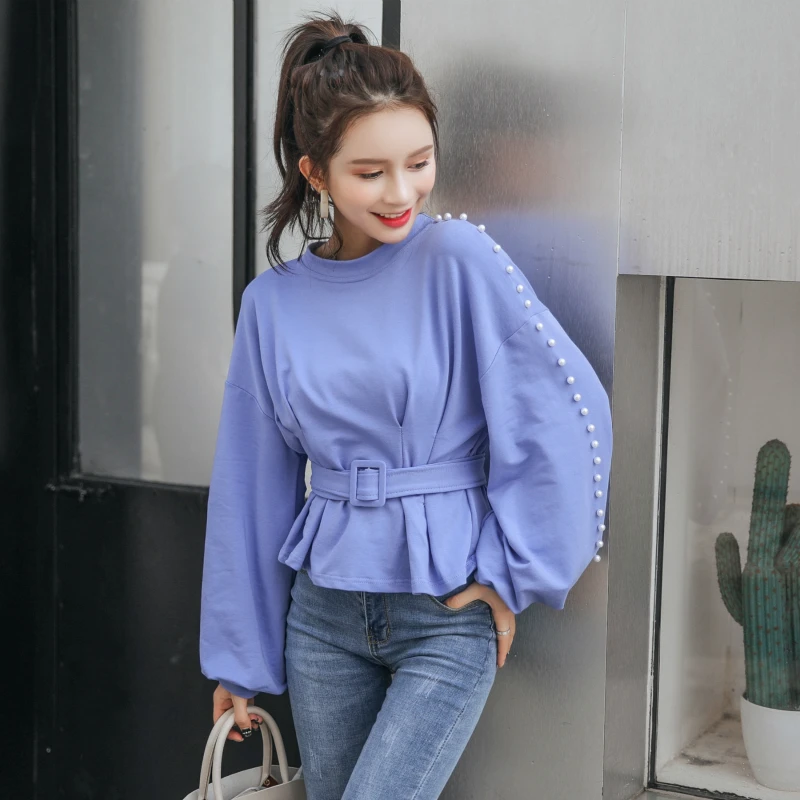 Vintage O-neck Pearl Sexy Blouse Shirt Sashes Lantern Sleeve Slim Waist Women Blouses 2018 Autumn Ruffles Blusas Female |