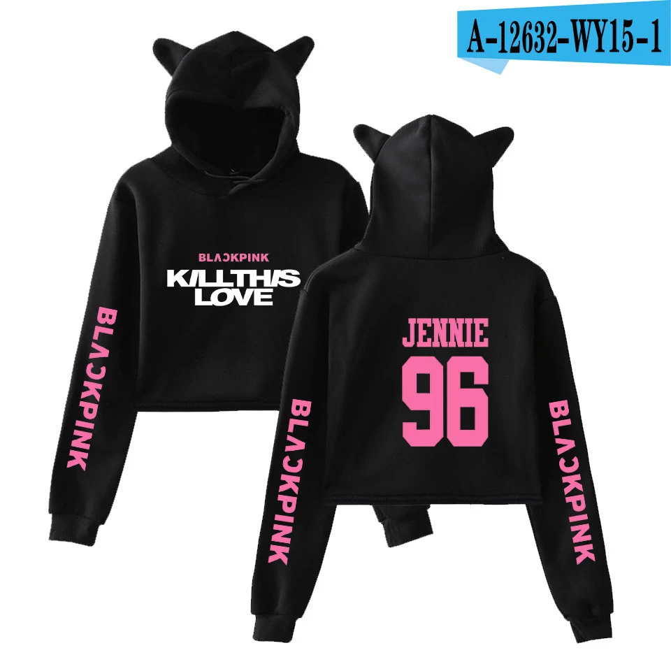 Черный розовый альбом KILL THIS LOVE Basic Street Повседневные толстовки с кошачьими ушками Толстовка для женщин крутой пупок Толстовки размер - Цвет: black