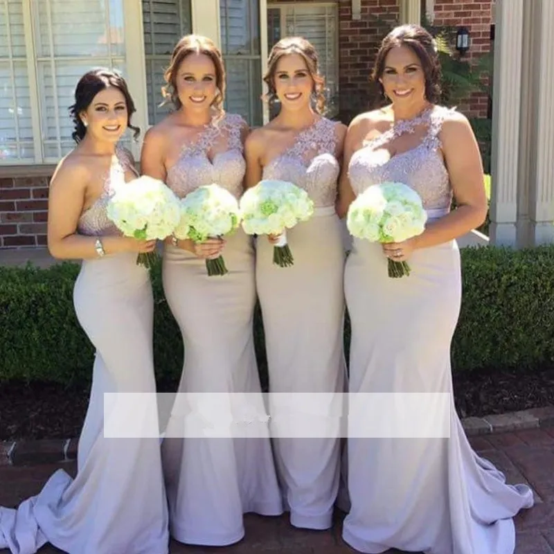 

Cheap Bridesmaid Dresses Under 50 Mermaid One-shoulder Satin Appliques Lace Long Wedding Party Dresses