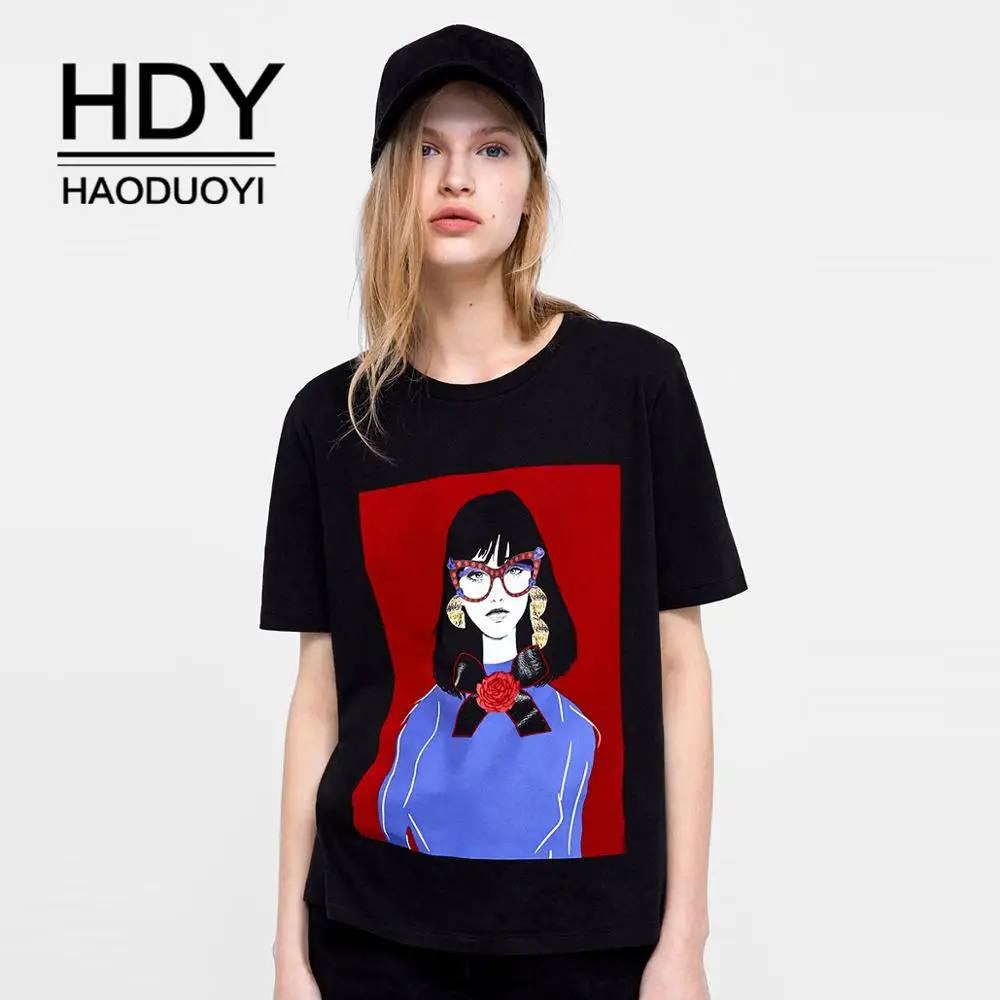 Женская футболка HDY Haoduoyi черная хлопковая с коротким рукавом и принтом в стиле