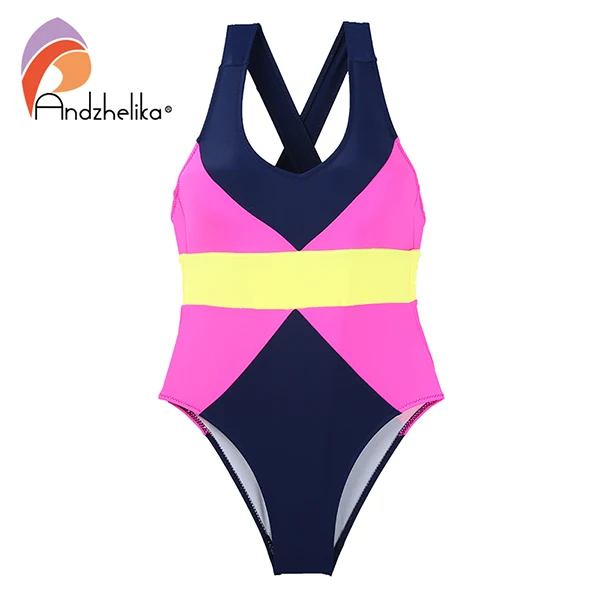 Pink Andzhelika/ г. Спортивный костюм для плавания для Девочек Цельный купальный костюм разноцветный лоскутный пляжный комбинезон для купания для девочек, монокини - Цвет: Pink