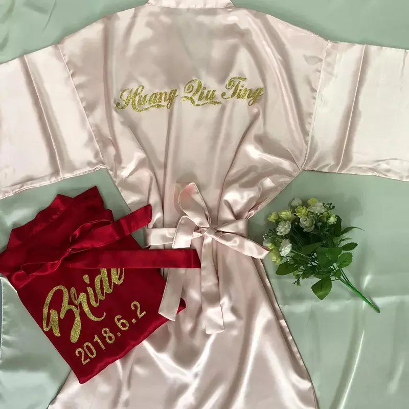 

Free Shipping 5pcs lot Custom Glitter Name Wedding Bride Bridesmaid Gifts Kimono Short personalized Satin Robes