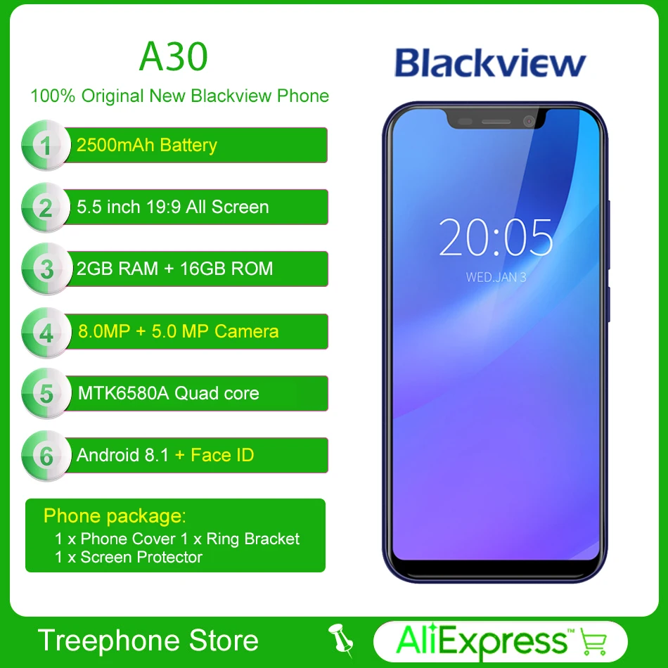 Blackview A30 5 'ཏ:9 ips дисплей Face ID смартфон 2 ГБ + 16 8.0MP Камера мобильного телефона 3G