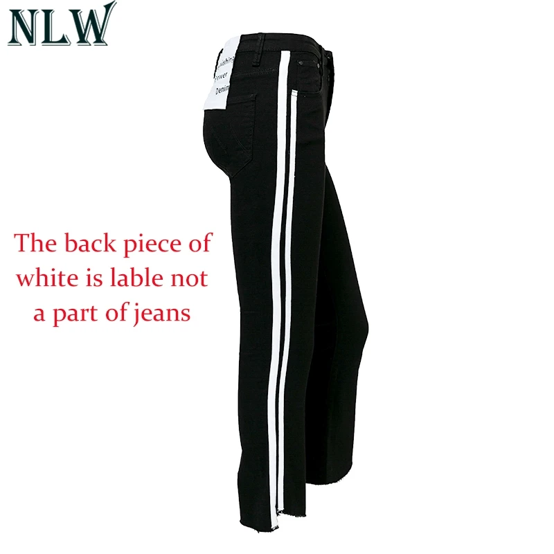 NLW 2018 Модные осенние джинсы брюки Для женщин Высокая Талия сбоку в полоску черные - Фото №1