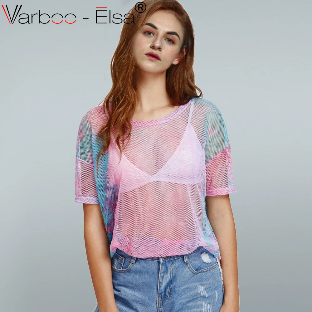 VARBOO_ELSA Для женщин Mesh T рубашка градиент цвета Перспектива Sheer рубашки женский Harajuku