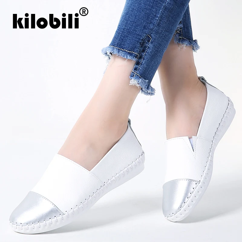 kilobili 2019 Spring Women Ballet Flats Casual Flat Shoes Genuine Leather Oxford Ladies White Slip On Loafers Boat | Обувь