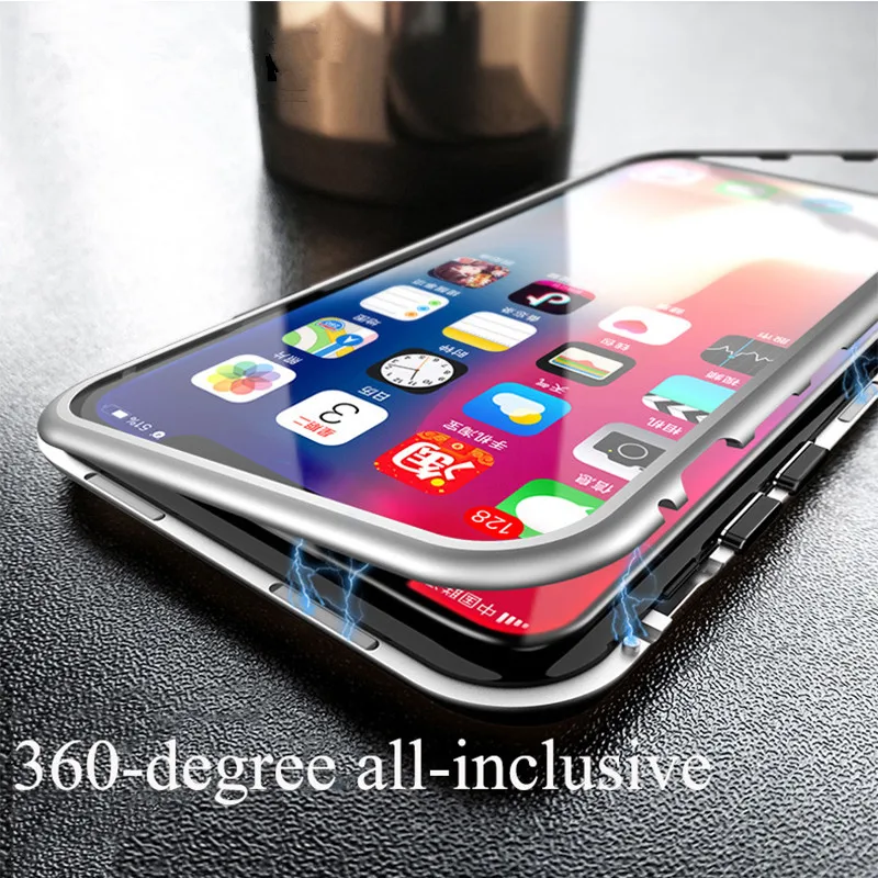 Magnetic Case for iPhone XR XS MAX X 8 Plus 7 + Metal Tempered Glass Back Magnet Cases Cover 6 6S |