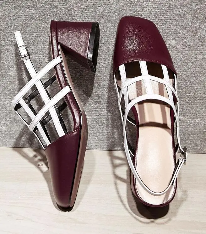 

Hot Fashion Black/White/Burgundy Genuine Leather Square Toe Shoe Mixed Colour Square heel Back Strap Big Size Women's Sandals