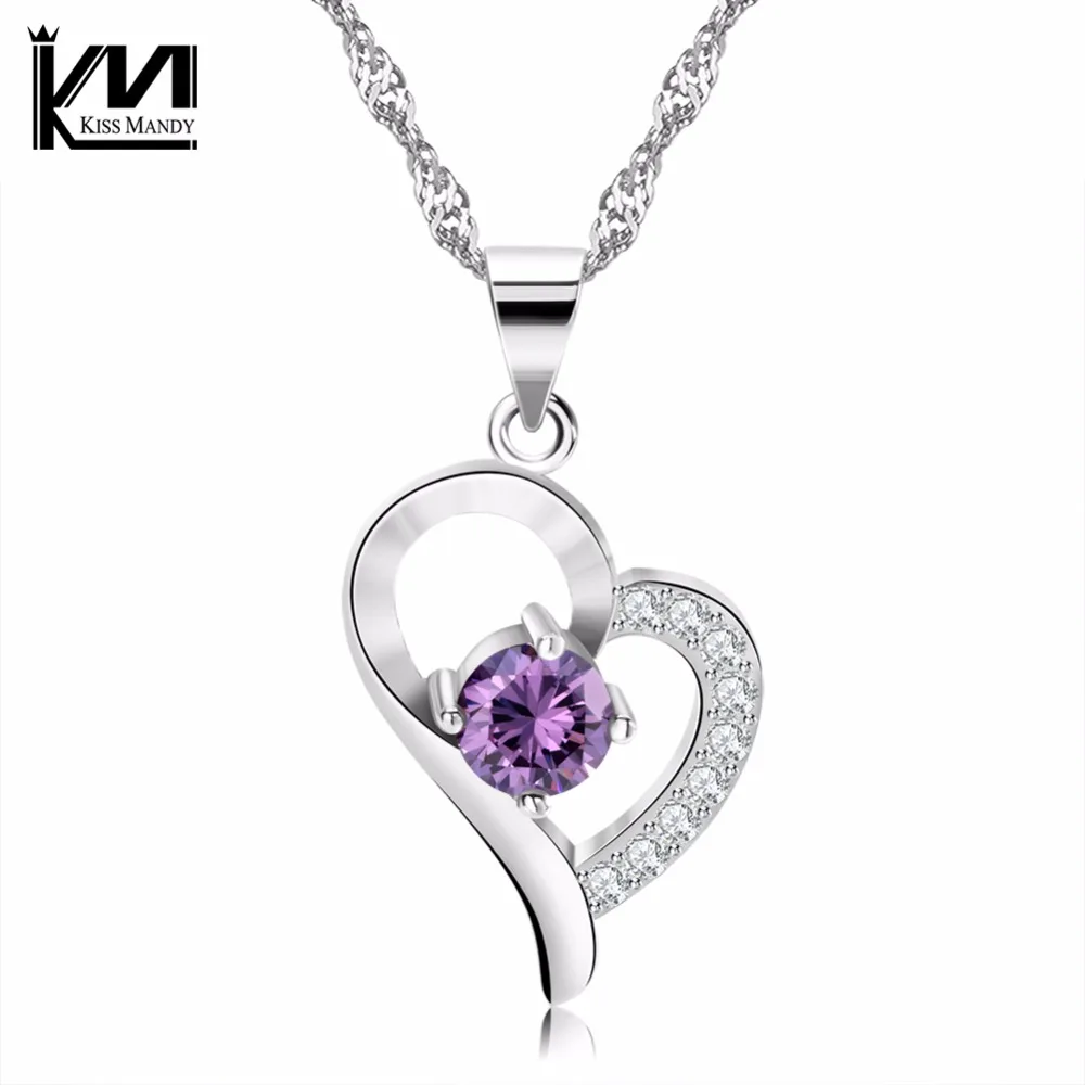 Поцелуй Мэнди Серебряный Романтический Сердце Ожерелье с Фиолетовый Ясно CZ для