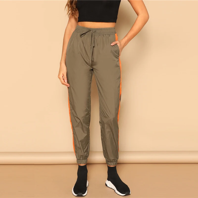 SHEIN Двухцветные Брюки С Кулиской Женские Повседневные Осенние Брюки С Завязками На Талии