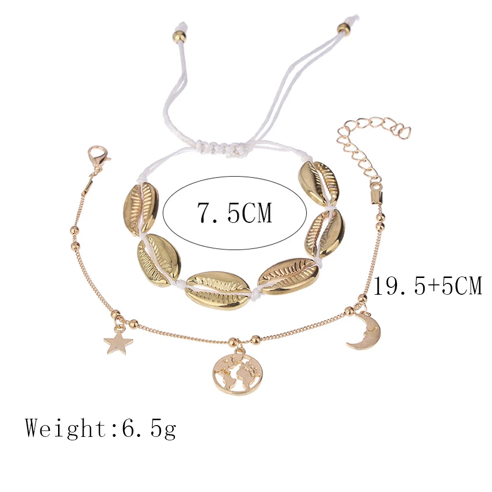 2 шт./компл. Женская мода Звезды Луна карта мира оболочки Кожаный Плетеный ножной