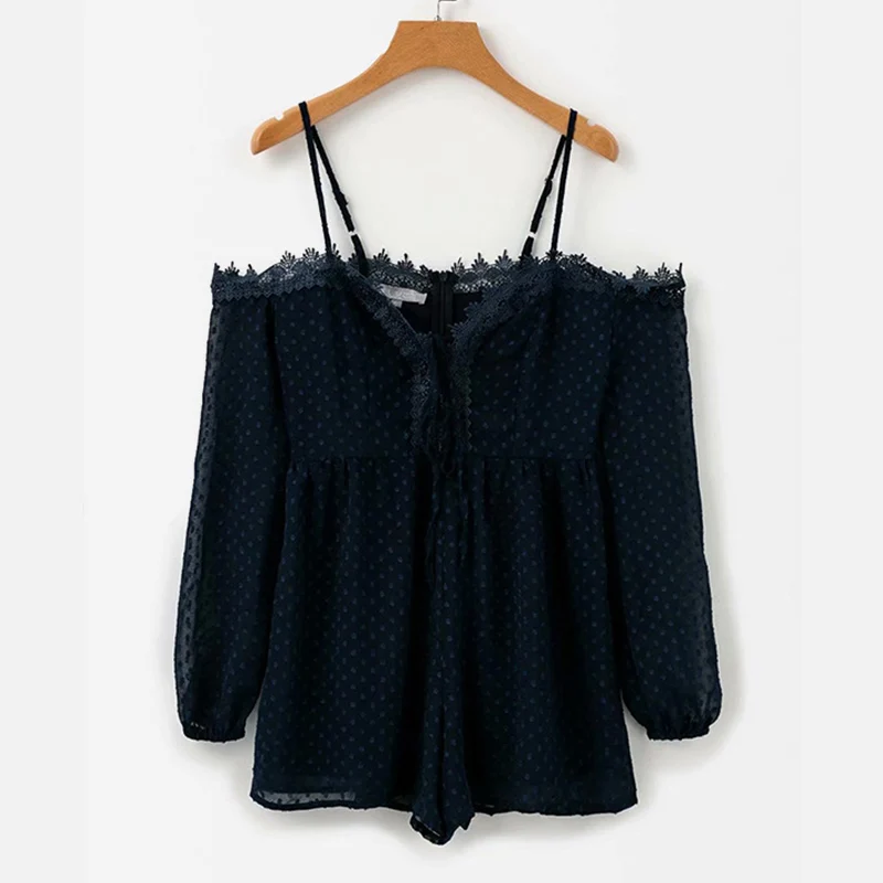 Navy Blue Женский комбинезон с открытыми плечами и кружевной аппликацией, с длинным рукавом-фонариком, с v-образным вырезом, на шнуровке, с бахромой, с высокой талией, женская летняя одежда - Цвет: Navy Blue
