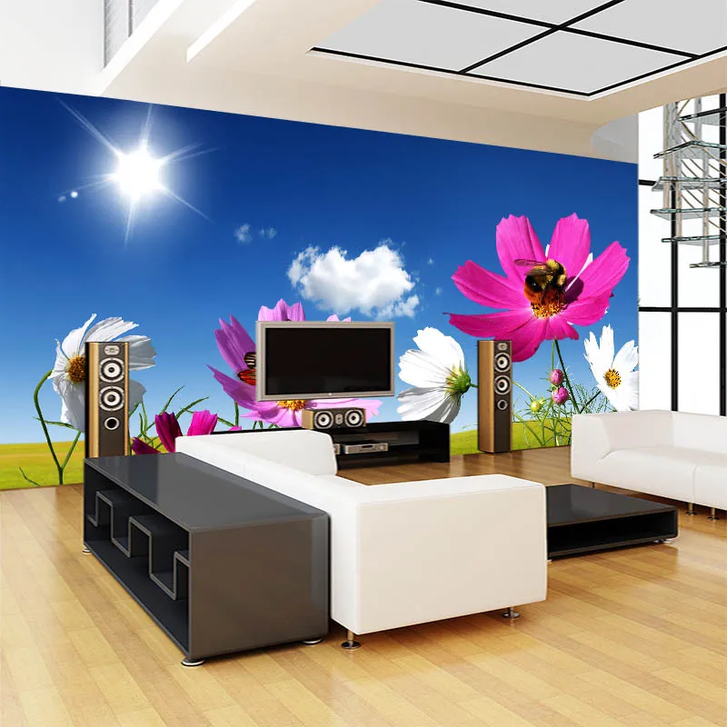 

large mural wallpaper 3D abstraction painting with flowers bees behind sofa TV as background in living room or bedroom