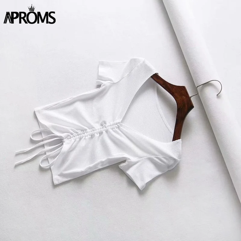 Белый Aproms, сексуальные женские укороченные топы с v-образным вырезом, на завязках спереди, топы ярких цветов, уличная одежда, облегающий ребристый кроп-топ - Цвет: Белый