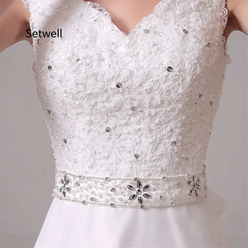 

Setwell Sexy V-Neck Simple Wedding Dresses Sweep Train A-Line Sequined Appliqued Wedding Dress High Quality Bridal Gowns