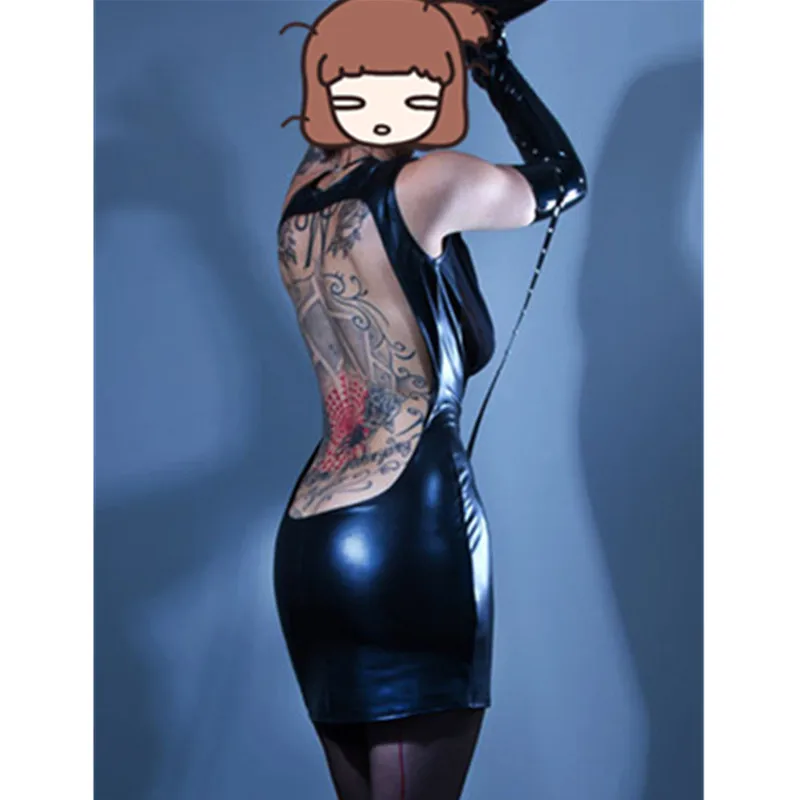 Сексуальное платье из искусственной кожи и ПВХ кожаное кружевное с открытой