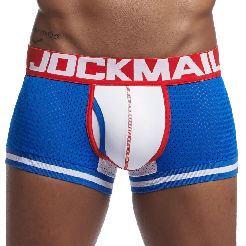 Синий JOCKMAIL, фирменное Мужское нижнее белье, боксеры, новые сетчатые трусы-боксеры, шорты, мужские трусы, трусы под брюки, Cueca, хлопковые мужские трусы - Цвет: Синий
