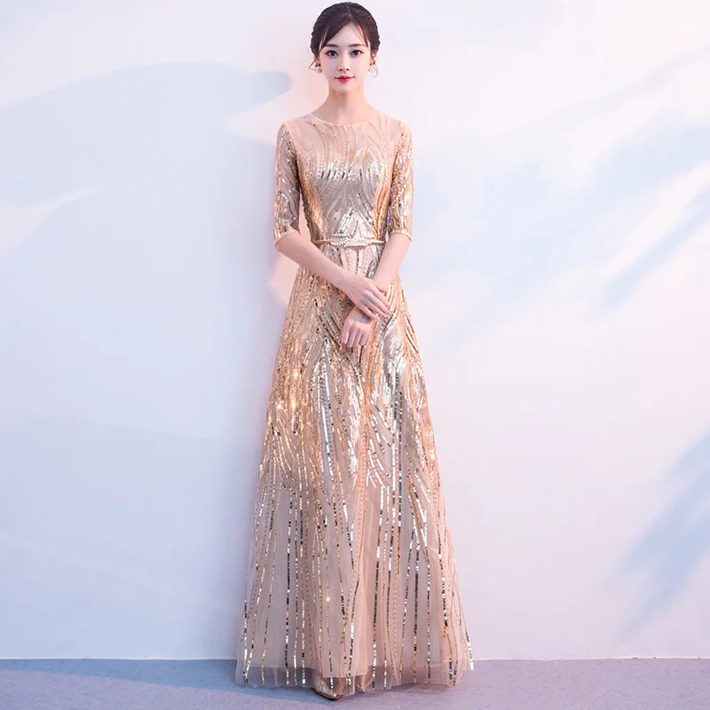 Suosikki Новое поступление Роскошные вечерние платья вечернее платье Vestido de Festa роскошные серебряные блестки Половина рукава Пром Кружева длинный стиль - Цвет: Шампанское