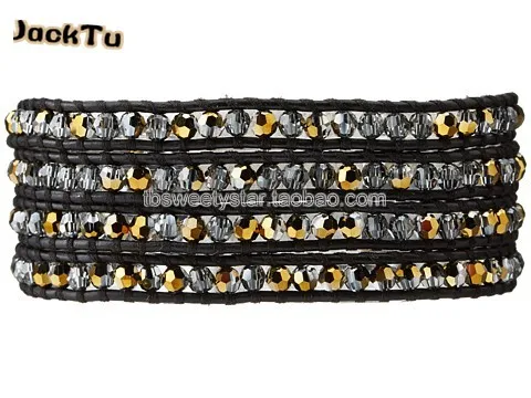 promotional crystal black leather wrap bracelet for woman