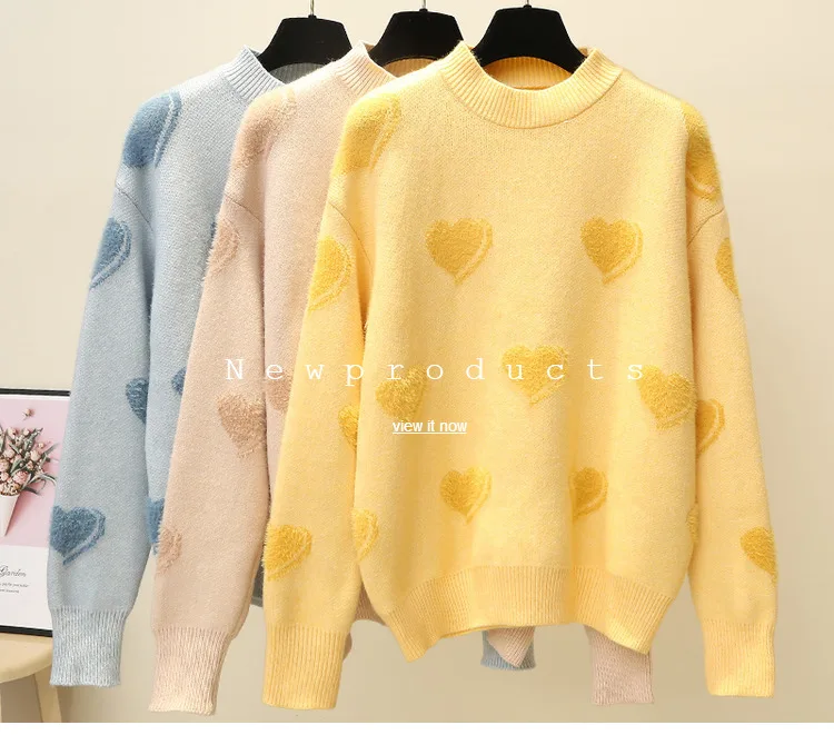H.SA Women Harajuku Pullover and Sweaters 2019 Sprig New Sweert Heart Yellow Pink Pull Jumpers Korean Kninweat Casual Tops Femme | Женская