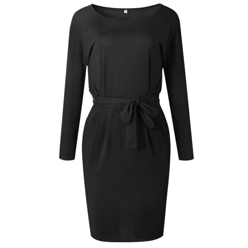 Новинка, Осеннее женское платье средней длины из хлопка, Повседневное платье с длинным рукавом и круглым вырезом, черное, синее платье размера плюс, женское облегающее платье с карманами