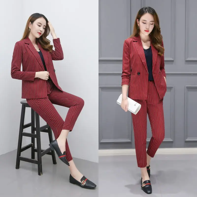 

Burgund Outfits Autumn Work Pant Suits 2 Piece Sets Double Breasted Striped Blazer Jacket & Zipper Pant Office Lady Suit Women