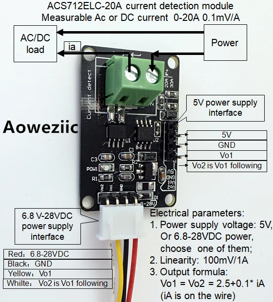 ACS712ELC-20A модуль обнаружения тока измеряемый ток переменного или постоянного 0-20A 0 1