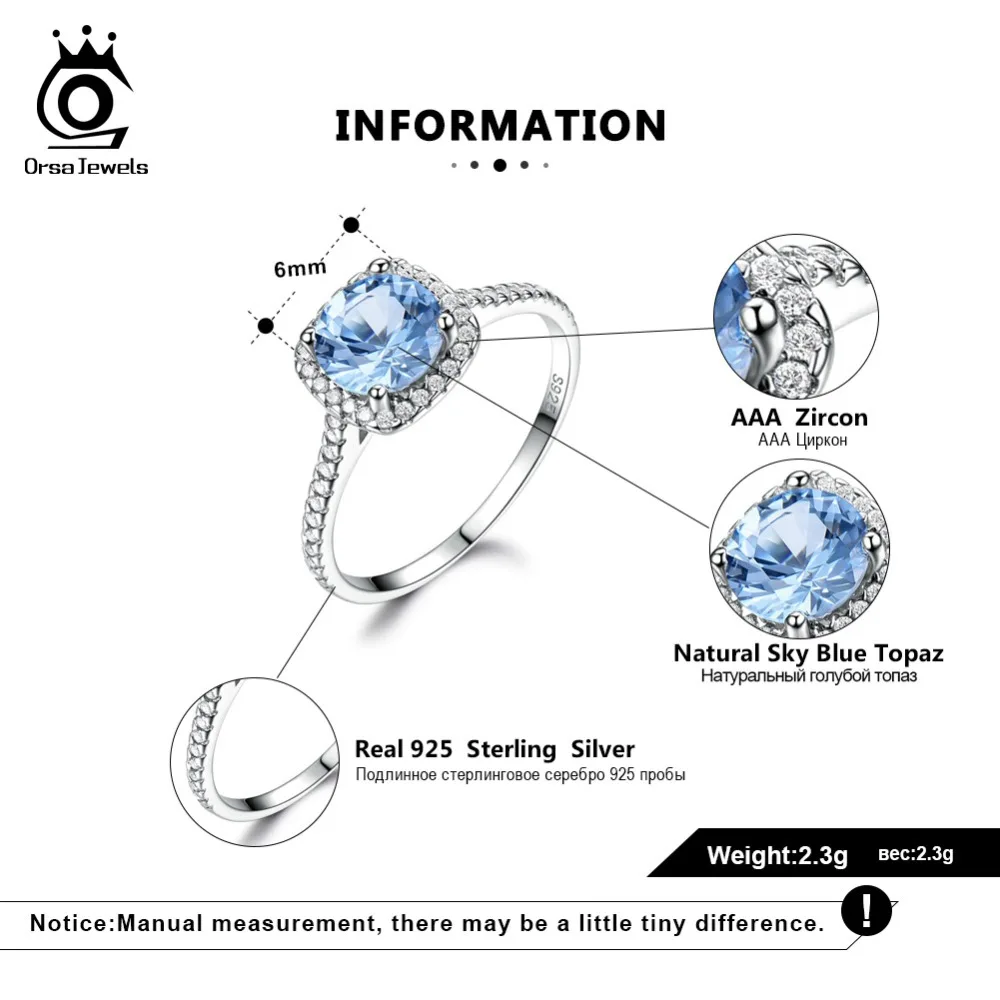 ORSA JEWELS женские Свадебные обручальные кольца из натуральной 925 пробы серебра с натуральным голубым большим топазом, хорошее ювелирное изделие, подарок VSR09