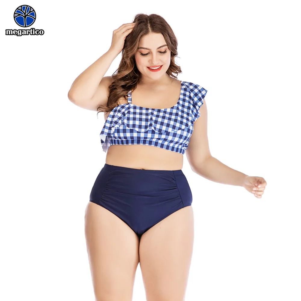 

Bathing suits high waist bikini plaid plus size swimsuit female 2019 One Shoulder Off big size push up swimwear xxl xxxl xxxxl
