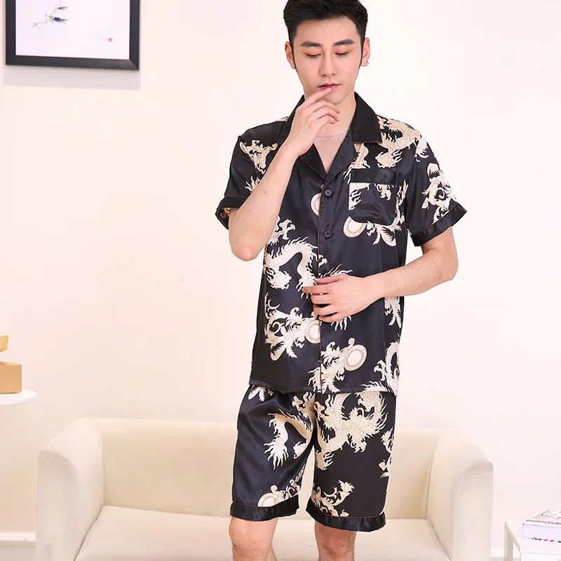 men summer luxury Silk like Pajamas Sets Two Pieces Male Sleepwear short sleeve shirts + pants prints Home Clothing | Мужская одежда